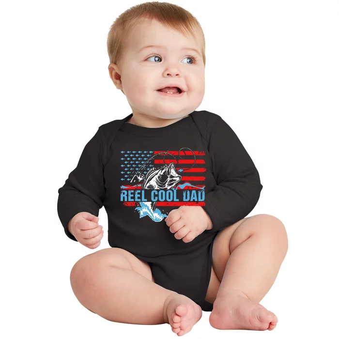 Fishing Stuff For Fathers Day Reel Cool Dad American Flag Baby Long Sleeve Bodysuit