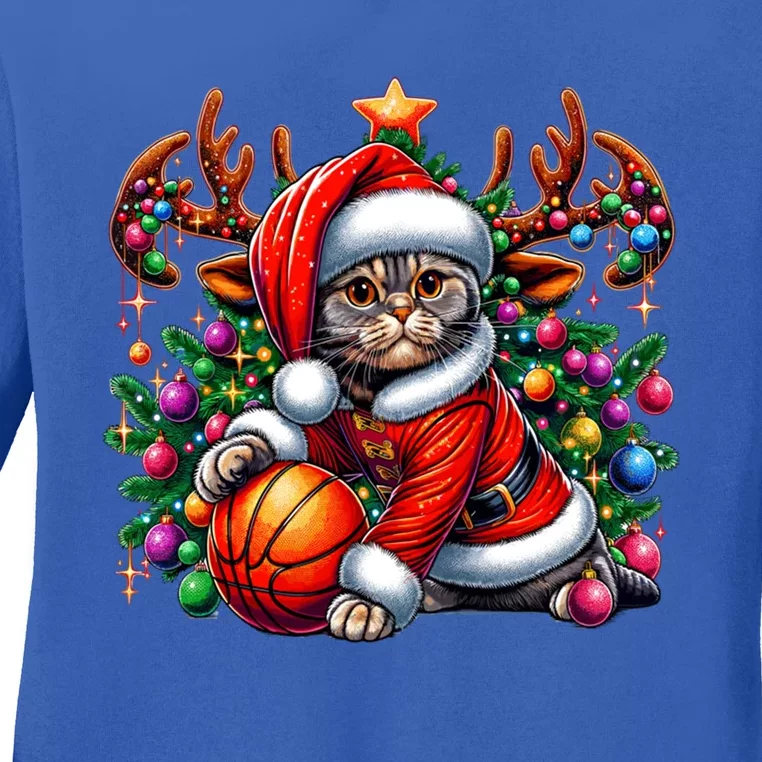 Funny Scottish Fold Cat Play Basketball Christmas Meaningful Gift Ladies Long Sleeve Shirt