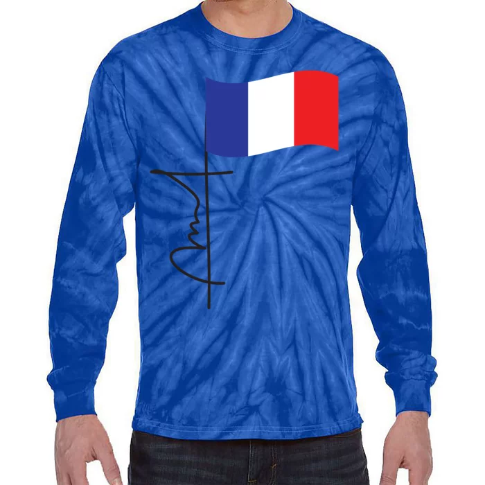 France Signature Flag Pole Elegant Patriotic French Flag Meaningful Gift Tie-Dye Long Sleeve Shirt