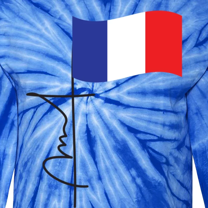 France Signature Flag Pole Elegant Patriotic French Flag Meaningful Gift Tie-Dye Long Sleeve Shirt