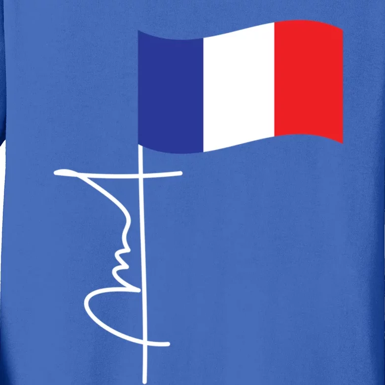 France Signature Flag Pole Elegant Patriotic French Flag Gift Kids Long Sleeve Shirt