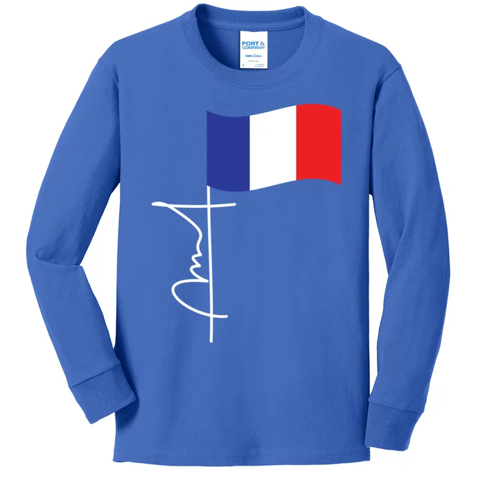 France Signature Flag Pole Elegant Patriotic French Flag Gift Kids Long Sleeve Shirt