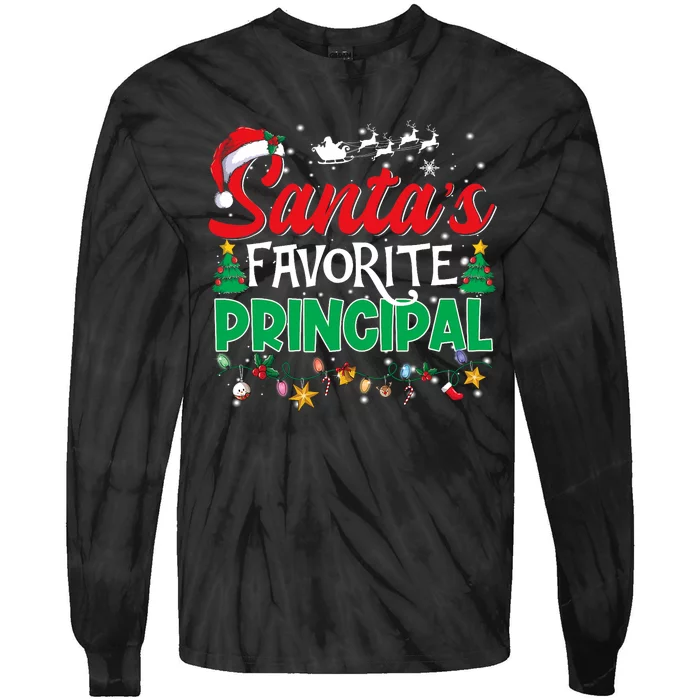 Funny SantaS Favorite Principal Christmas Santa Hat Lights Tie-Dye Long Sleeve Shirt