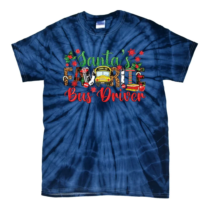 Funny Santas Favorite School Bus Driver Christmas Leopard Tie-Dye T-Shirt