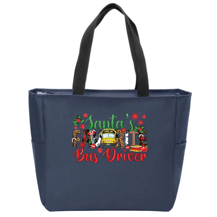 Funny Santas Favorite School Bus Driver Christmas Leopard Zip Tote Bag