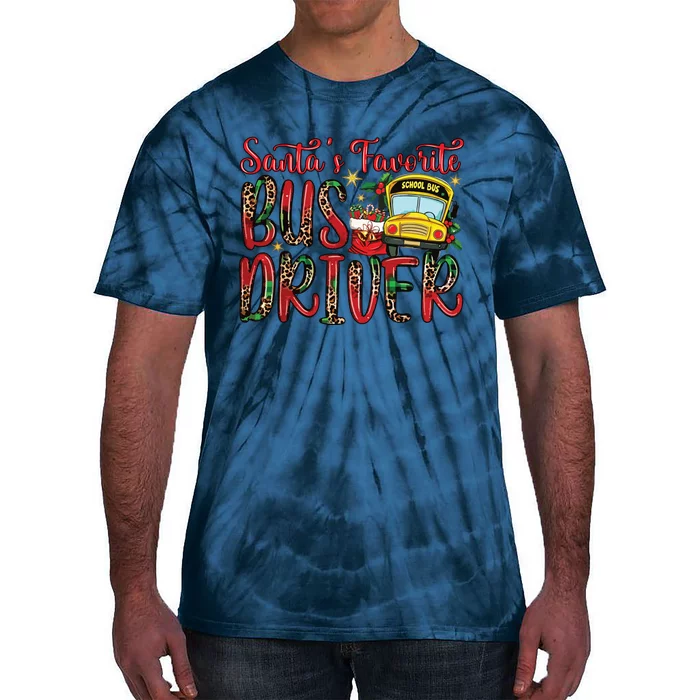 Funny Santas Favorite School Bus Driver Christmas Pajama Tie-Dye T-Shirt