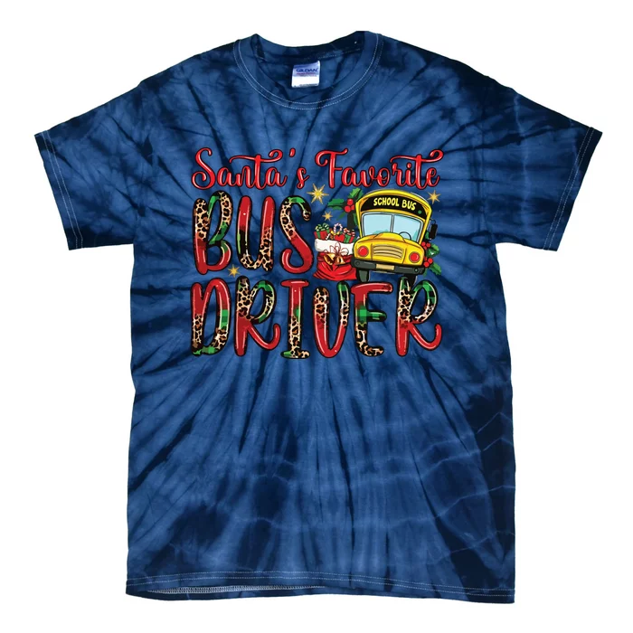 Funny Santas Favorite School Bus Driver Christmas Pajama Tie-Dye T-Shirt