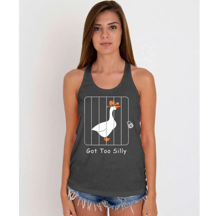 Funny Silly Goose Lover Mugshot Meme Got Too Silly Women's Knotted Racerback Tank