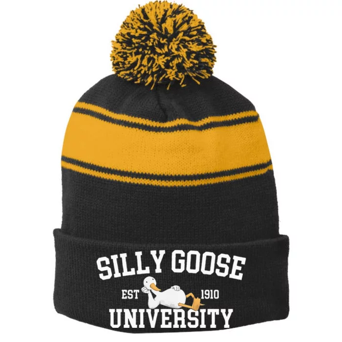 Funny Silly Goose Duck University Meme School Stripe Pom Pom Beanie