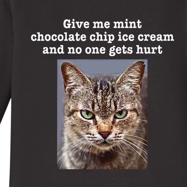 Funny Sarcastic Gray Tabby Cat Mint Chocolate Chip Ice Cream Baby Long Sleeve Bodysuit