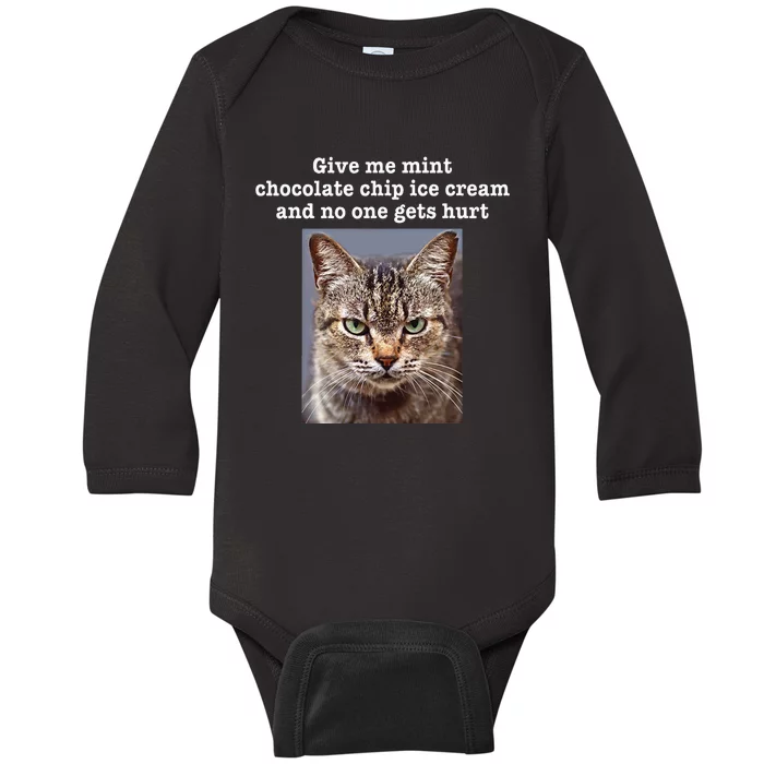 Funny Sarcastic Gray Tabby Cat Mint Chocolate Chip Ice Cream Baby Long Sleeve Bodysuit