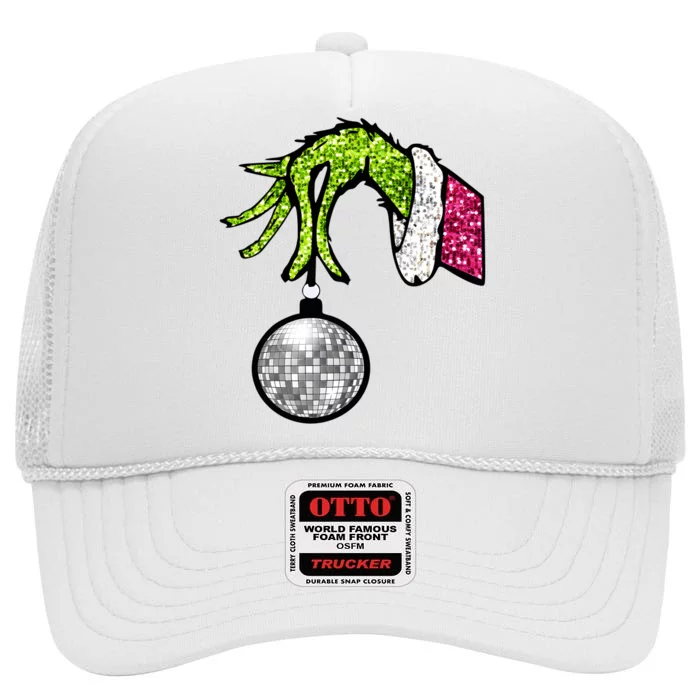 Faux Sequin Grinchmas Hand Merry Christmas High Crown Mesh Trucker Hat