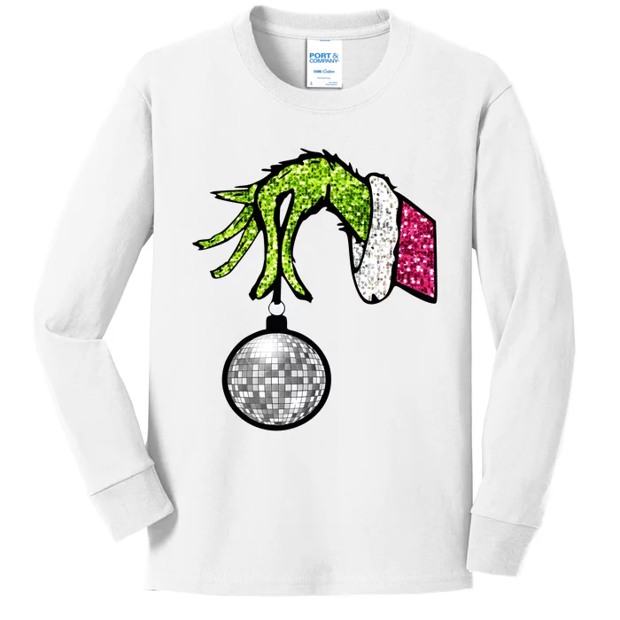 Faux Sequin Grinchmas Hand Merry Christmas Kids Long Sleeve Shirt