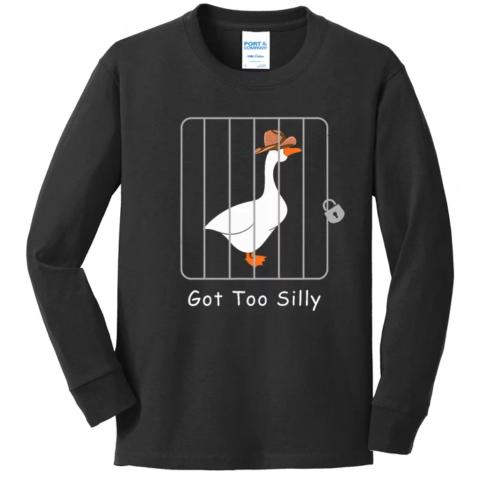 Funny Silly Goose Lover Mugshot Meme Got Too Silly Kids Long Sleeve Shirt