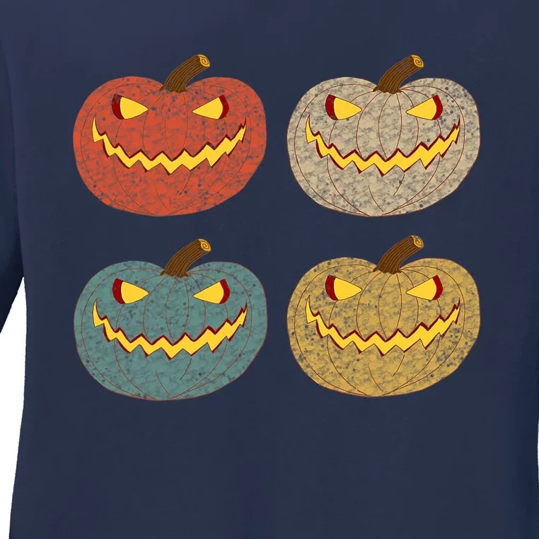 Four Scary Glowing Pumpkins Halloween Jack O Lantern Fall Ladies Long Sleeve Shirt