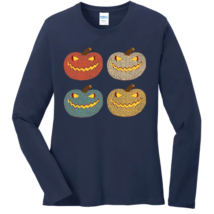 Four Scary Glowing Pumpkins Halloween Jack O Lantern Fall Ladies Long Sleeve Shirt