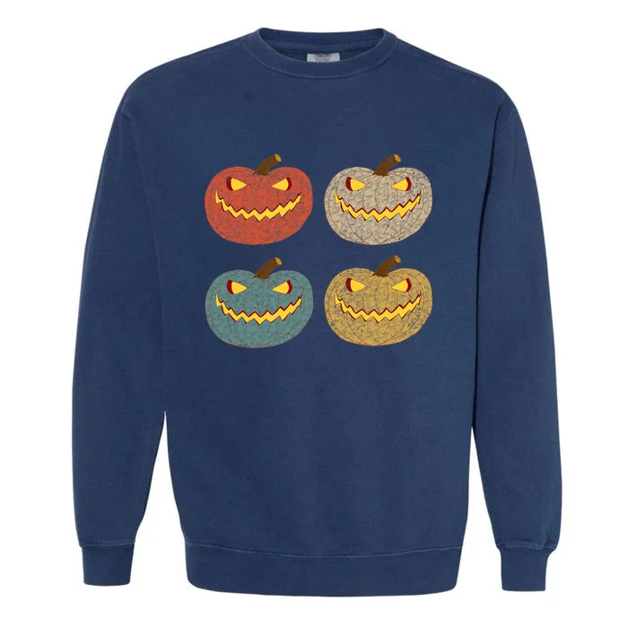 Four Scary Glowing Pumpkins Halloween Jack O Lantern Fall Garment-Dyed Sweatshirt