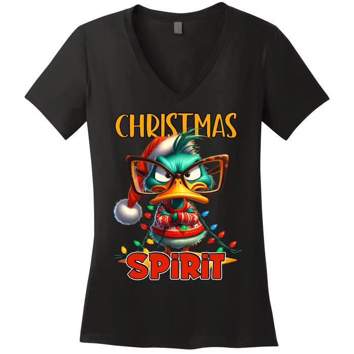 Funny Sarcastic Grumpy Duck Christmas Spirit Women's V-Neck T-Shirt