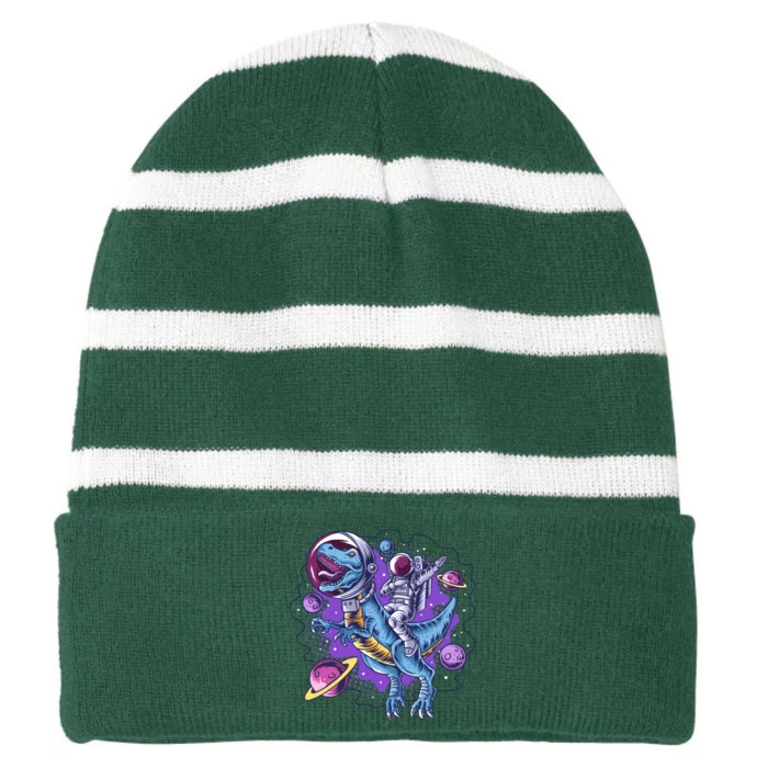 Funny Space Galaxy Astronaut Trex Dinosuar Striped Beanie with Solid Band