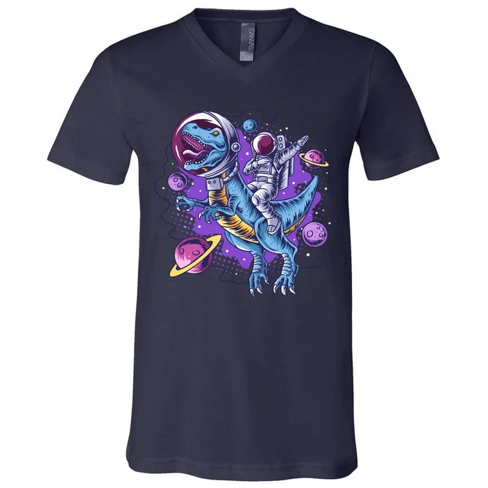 Funny Space Galaxy Astronaut Trex Dinosuar V-Neck T-Shirt