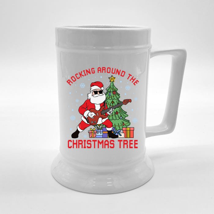 Funny Santa Guitar Players Rocking Around The Christmas Tree Gift Front & Back Beer Stein