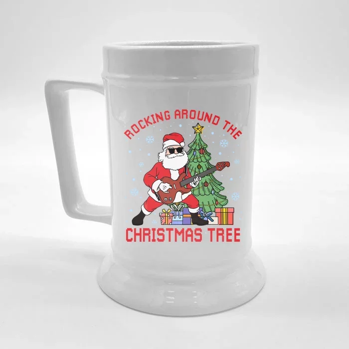 Funny Santa Guitar Players Rocking Around The Christmas Tree Gift Front & Back Beer Stein