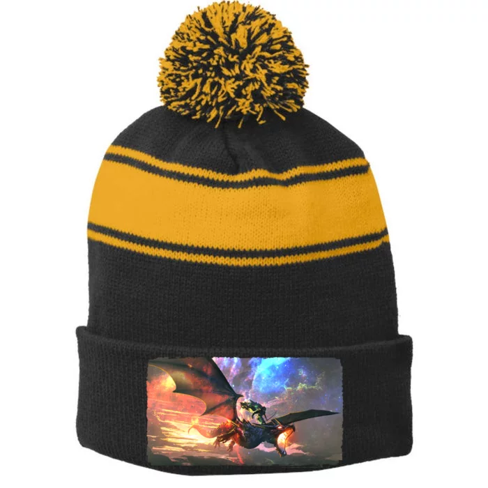 Fantasy Space Galaxy Dragon And Warrior Archer Stripe Pom Pom Beanie