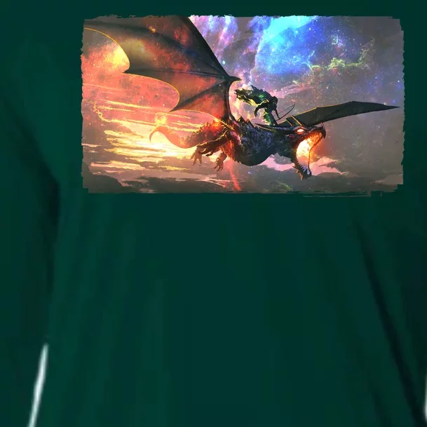 Fantasy Space Galaxy Dragon And Warrior Archer Cooling Performance Long Sleeve Crew