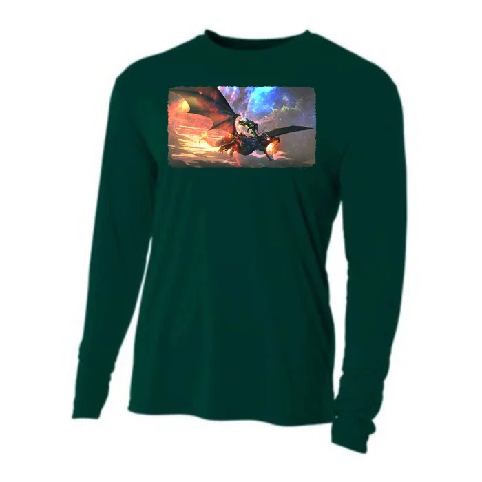 Fantasy Space Galaxy Dragon And Warrior Archer Cooling Performance Long Sleeve Crew