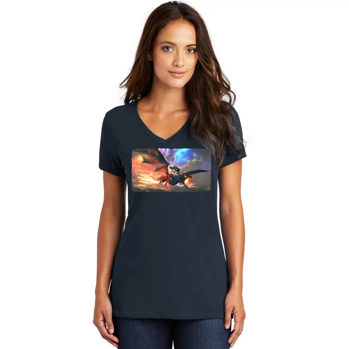 Fantasy Space Galaxy Dragon And Warrior Archer Women's V-Neck T-Shirt