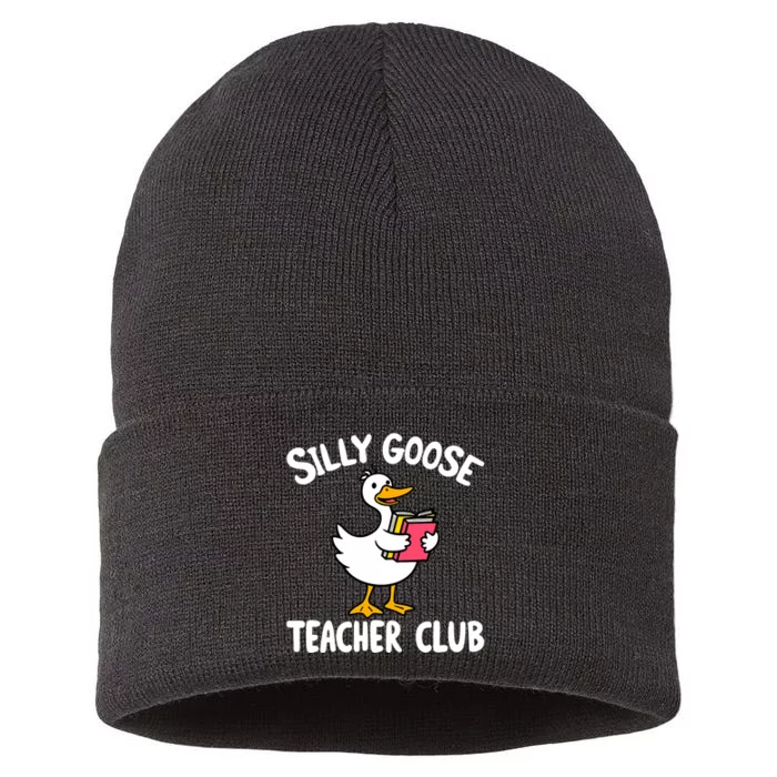 Funny Silly Goose Teacher Club Animal Lover Groovy Teacher Sustainable Knit Beanie