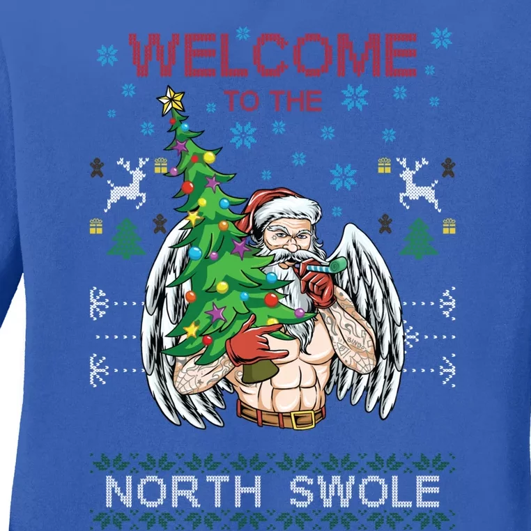 Funny Santa Gym Lifting Welcome The North Swole Tattoo Gift Ladies Long Sleeve Shirt