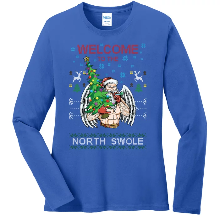 Funny Santa Gym Lifting Welcome The North Swole Tattoo Gift Ladies Long Sleeve Shirt