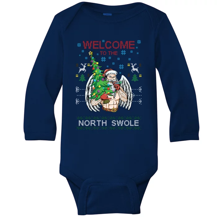 Funny Santa Gym Lifting Welcome The North Swole Tattoo Gift Baby Long Sleeve Bodysuit