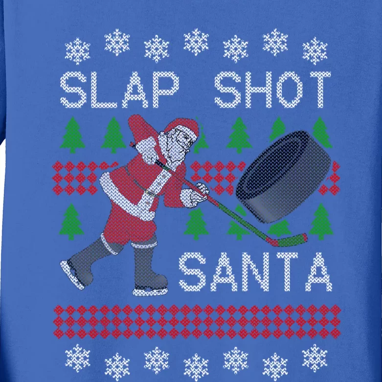 Funny Santa Hockey Puck Ugly Christmas Slap Shot Santa Cute Gift Kids Long Sleeve Shirt