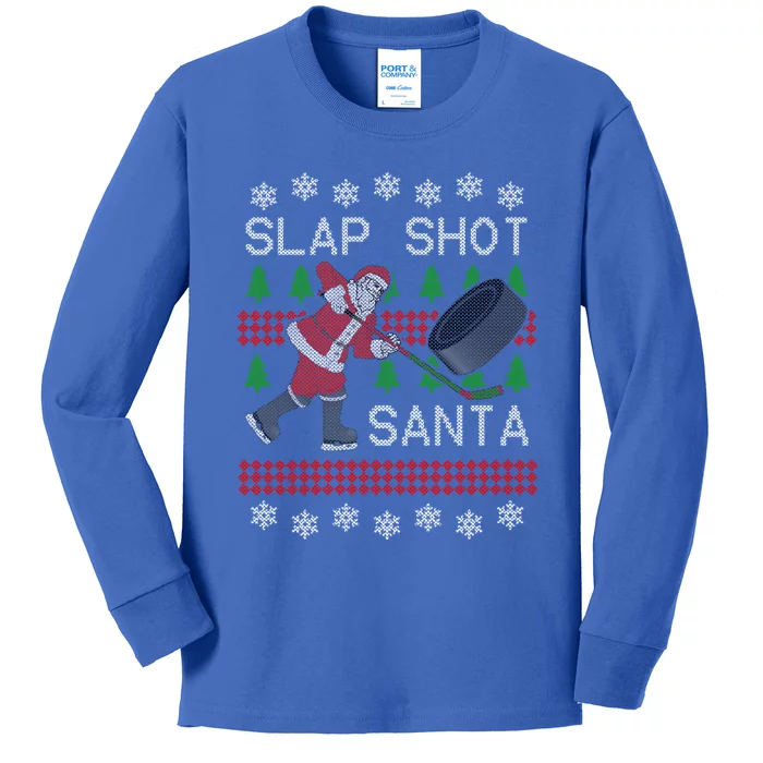 Funny Santa Hockey Puck Ugly Christmas Slap Shot Santa Cute Gift Kids Long Sleeve Shirt