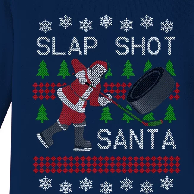 Funny Santa Hockey Puck Ugly Christmas Slap Shot Santa Cute Gift Baby Long Sleeve Bodysuit