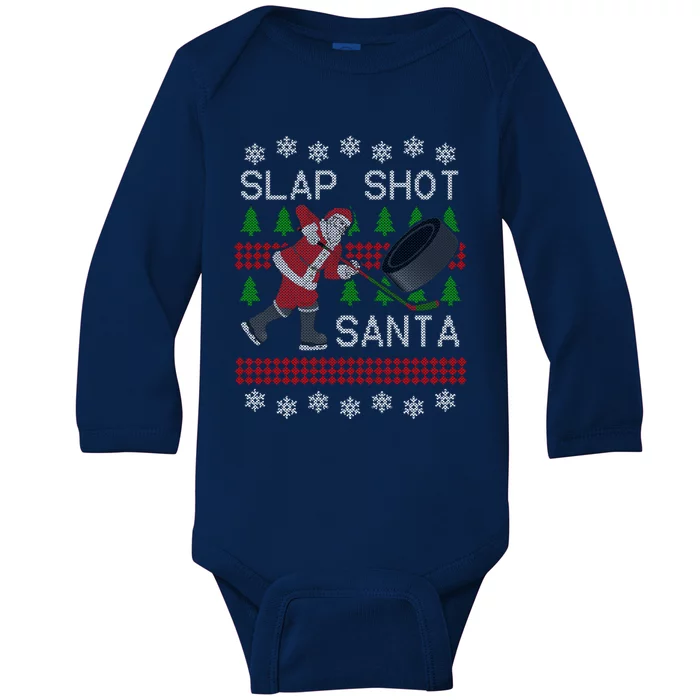 Funny Santa Hockey Puck Ugly Christmas Slap Shot Santa Cute Gift Baby Long Sleeve Bodysuit