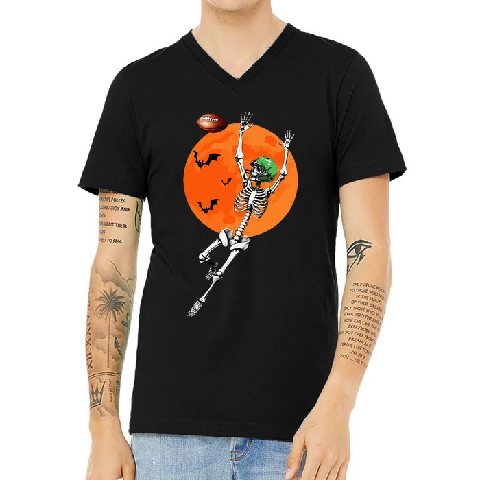 Football Skeleton Halloween Football Player V-Neck T-Shirt