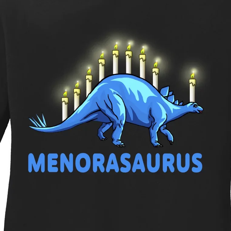 Funny Stegosaurus Hanukkah Dinosaur Menorah Dino Ladies Long Sleeve Shirt