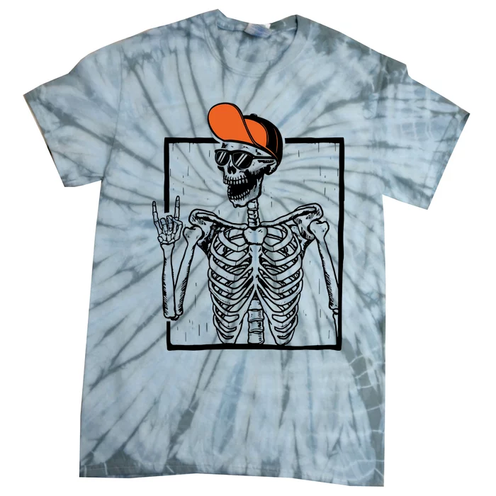 Funny Skeleton Hand Rock Smile Spooky Halloween Cool Gift Tie-Dye T-Shirt