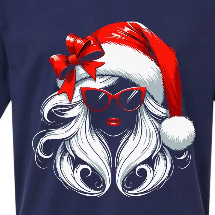 Female Santa Hat Sunglasses Grandma Mom Women Girl Christmas Sueded Cloud Jersey T-Shirt