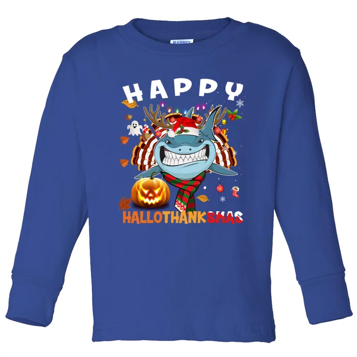 Funny Shark Halloween Christmas Shark Happy Hallothanksmas Gift Toddler Long Sleeve Shirt