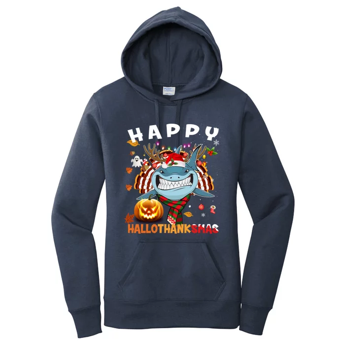 Funny Shark Halloween Christmas Shark Happy Hallothanksmas Gift Women's Pullover Hoodie