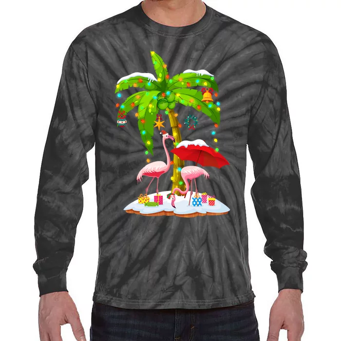 Flamingo Santa Hat Palm Tree Merry Christmas Lights Tie-Dye Long Sleeve Shirt