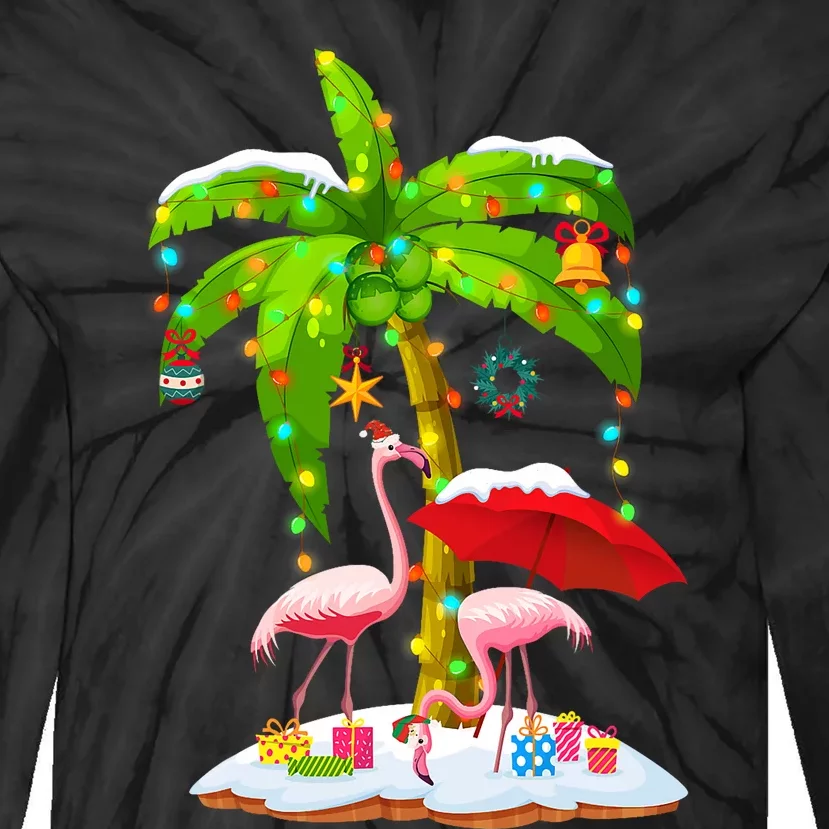 Flamingo Santa Hat Palm Tree Merry Christmas Lights Tie-Dye Long Sleeve Shirt