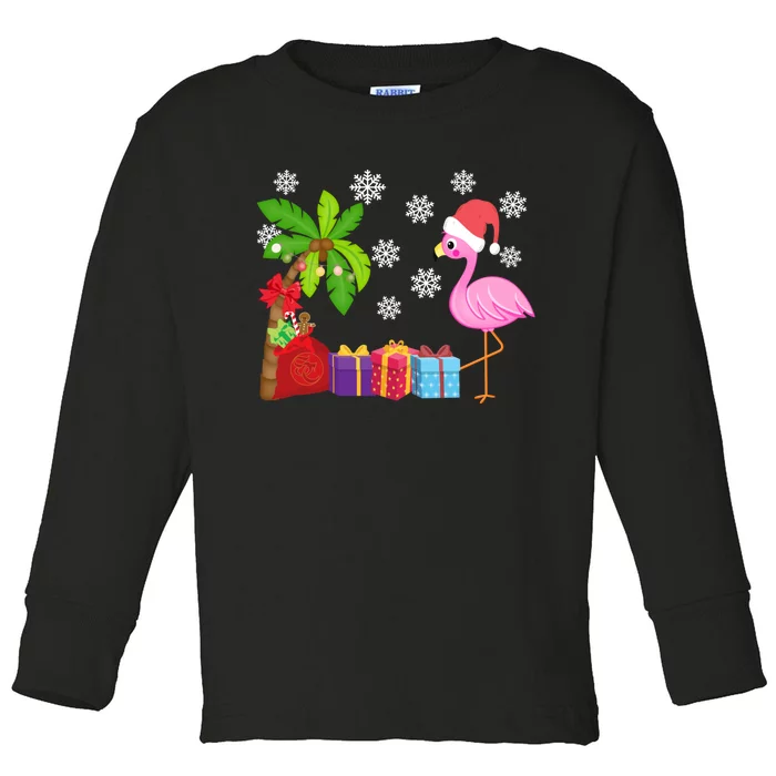 Flamingo Santa Hat Christmas In July Hawaiian Lover Holiday Toddler Long Sleeve Shirt