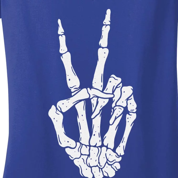 Funny Scary Halloween Skeleton Peace Hand Sign Women's V-Neck T-Shirt