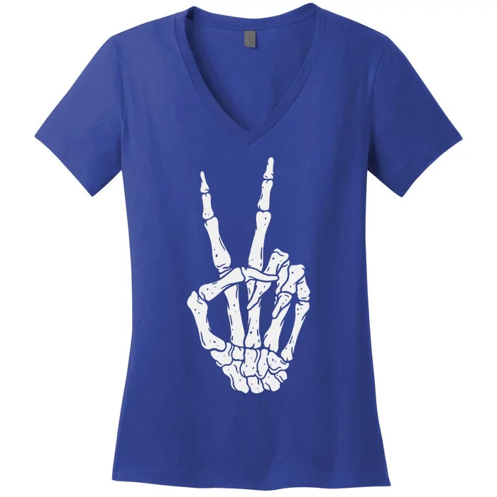 Funny Scary Halloween Skeleton Peace Hand Sign Women's V-Neck T-Shirt