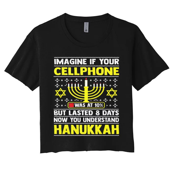 Funny Sarcastic Hanukkah Chanukah Cellphone Ugly Sweater Women's Crop Top Tee